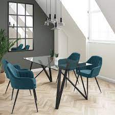 Kitchen & dining room furniture. Dax Glass Dining Table With 4 Logan Teal Velvet Dining Chairs Furniture123