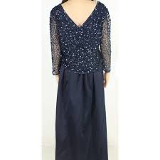 Patra Womens Gown Navy Blue Size 16 Beaded Illusion 3 4 Sleeve