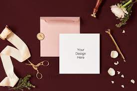 A blank card and an envelope with a red rose lying on a wooden surface. Square Wedding Invitation Mockup Red Square Wedding Invitations Invitation Mockup Wedding Invitations