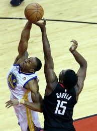 Golden State Warriors Andre Iguodala 9 Defends Against Houston Rockets Clint Capela 1 Nba Western Conference Houston Rockets Basketball Houston Basketball