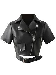 Pu Leather Buckle Belted Crop Biker Jacket Shein Usa Zipped Leather Jacket Cropped Biker Jacket Leather Jacket