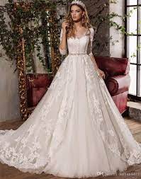 Discount 2017 New Vestidos A Line Wedding Dresses V Neck Long Sleeves Lace Appliques Sashes Bow Wedding Gowns Court Train Plus Size Bridal Dress Used Wedding Dr Half Sleeve Wedding Dress