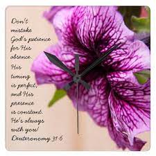 Purple Petunia Scripture Quote From Deuteronomy Square Wall Clock Zazzle Com In 2021 Love Scriptures Purple Petunias Scripture