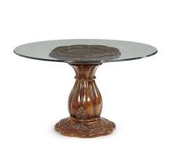 Pedestal gaiser mango wood dining table. Carved Wood Base Melange Finish Round Glass Top Dining Table Dining Table Glass Top Dining Table Round Glass Table
