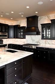 Dark Black Cabinets Hardwood Floor White Carrara Marble Countertops Full Height Backsplash In 2020 White Marble Kitchen Home Espresso Kitchen Cabinets