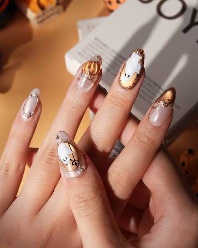 Haunted, but make it elegant. 🖼️🤎 Ghost Portrait — tiny framed ghosts,  gold filigree, pearls, copper cat eye that glows. the kind of Halloween  that pairs with velvet, not fake blood. Joyee
