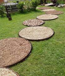 faire une allee de jardin cercles de roues de charrettes du gravier des copeaux de bois des baches idee allee de jardin copeaux de bois jardin et jardins