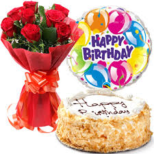 Rose happy birthday flowers and cake. Combo Gifts Flowers Cake With Balloon Red Roses Bouquet And Vanilla Cake With Birthday Mylar Balloon