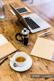 Live edge acacia wood coffee table $199.99 compare at $240. Laptop And Coffee On Wooden Table At Home Gadget French Press Stock Photo 265357540