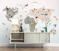 Colorful Kids World Map With Cartoon Animals Wallpaper Mural Baby Room Wall Room Wall Painting Baby Wall Art