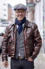 Fall Combo Inspiration With A Gray Flatcap Navy Scarf Gray Waistcoat Brown Leather Jacket White Button Up S Mens Casual Outfits Mens Outfits Mens Fashion Suits