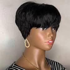 Natural Black Straight Short Bob Wigs With Bangs Full Machine Pixie Cu