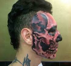 His tattoo or restarea is a symbol of where his better half will lay their head.build your nest upon my shoulder from his lyrics. Man Gets Skull Tattooed On Half His Face Others