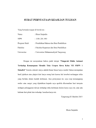 Contoh karya tulis yang menyertakan lembar pernyataan keaslian misalnya. Surat Pernyataan Keaslian Tulisan