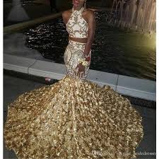 2019 Gold Rose Flowers Sequins Two Pieces Prom Dresses African Nigeria Black Girls Appliques Mermaid Evening Gowns 3d Flowers