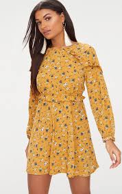 Mustard Floral Frill Long Sleeve Shift Dress Long Sleeve Shift Dress Shop Casual Dresses Feminine Floral Dresses