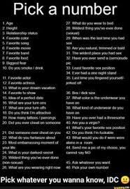 Pick A Number 1 Age 2 Height 4 Favorite Color 8 Favorite Food 9 Biggest Fear 12 Favorite Actress 13 What Is Your Dream Vacation 14 Favorite 1v Show 15 Pick A Number This Or That Questions Dare Questions