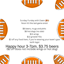 Happy Sunday funday with Dawn!! We have our usual game day specials, see  photo 🏈🍺 We also have our yummy wine based eggnog with whipped cream,  $6!! Weekend happy hour is on