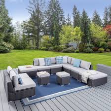Noble House Santa Rosa Grey 11 Piece Wicker Outdoor Sectional Set With Silver Cushions 41785 2 The Home Depot Wicker Outdoor Sectional Noble House Wicker Sofa