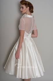 A Line Knee Length Bowed Short Sleeve Satin Wedding Dress June Bridals A Line Wedding Dress 50s Style Wedding Dress Tea Length Wedding Dress