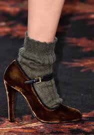 Brown Velvet Shoes With Chunky Olive Coloured Woollen Socks Socks And Heels Trending Shoes Velvet Shoes