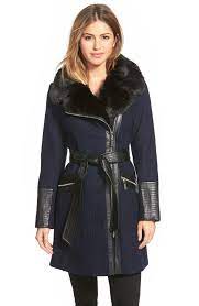 Via Spiga Faux Leather Faux Fur Trim Belted Wool Blend Coat Nordstrom Leather Jackets Women Coat Faux Leather Coat