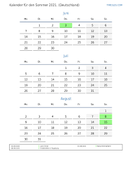 Dazu gedenktage, ruhetage, religiöse feste, nationalfeiertag, ferien sowie landesweite und regionale bräuche. Kalender Fur Den Sommer 2021 Mit Feiertagen Fur Deutschland Kalender Drucken Und Herunterladen