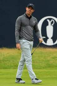 Rory Mcilroy Wearing Nike Lunar Control 4 Golf Shoes Nike Modern Tech Woven Golf Pants In Wolf Grey Nike Flex Knit Golf Fashion Mens Golf Outfit Golf Shirts