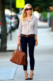 Women S Beige Gingham Dress Shirt Navy Skinny Jeans Black Leather Pumps Tobacco Leather Tote Bag Casual Work Outfit Summer Casual Work Outfits Summer Work Outfits