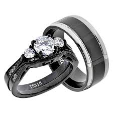 Flamereflection His And Her Black Plated Stainless Steel Bridal Ring Set And Black T Band Engagement Ring Wedding Rings Engagement Black Titanium Wedding Bands