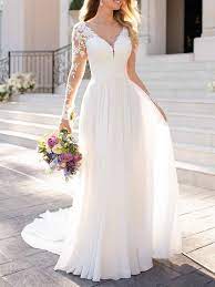 Brautkleider mit abnehmbaren rocken und schleppen kleiderfreuden. Brautkleider 2021 Chiffon V Ausschnitt A Linie Langarm Spitze Applique Strandhochzeit Brautkleid Mit Schleppe Milanoo Com