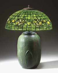 A Leaf And Vine Leaded Glass Bronze And Earthenware Table Lamp Tiffany Studios And Grueby Pottery Cir Leaded Glass Glass Pottery