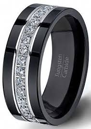 Black Tungsten Ring Fully Stacked With Brilliant Diamond Mens Wedding Band Comfort Fit Bla Mens Diamond Wedding Bands Black Tungsten Rings Black Wedding Rings