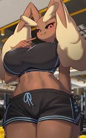 tp10, lopunny, creatures (company), game freak, nintendo, pokemon, highres,  1girl, :3, animal nose, arm behind back, black sclera, black shorts,  blurry, blurry background, blush, body fur, breasts, brown fur, closed  mouth, colored