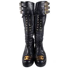 Black And Gold Motorcycle Boots Chanel Boots 8 38 Tall Combat Vintage Black Leather Cc Gold Lace Up Knee High From A Collection Of Rare Vintage Shoes At Chanel Boots Boots Black Biker Boots