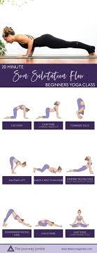 20 Min Sun Salutation Flow For Yoga Beginners To Learn The Basics The Journey Junkie Yoga For Beginners Beginner Yoga Class Yoga Inspiration Mindfulness