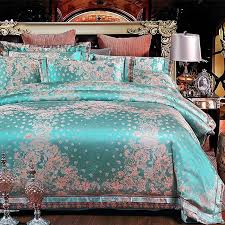 Download floral pattern stock vectors. Fancy Teal And Rose Gold Floral Pattern Tropical Themed Abstract Exotic Jacquard Satin Full Queen Size Bedding Sets Enjoybedding Com