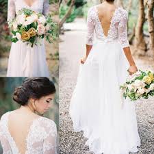 Bohemia Lace Chiffon Wedding Dresses V Neck 3 4 Long Sleeve Low Back Bridal Gown Sheer Wedding Dress Wedding Gowns Lace Vintage Style Wedding Dresses
