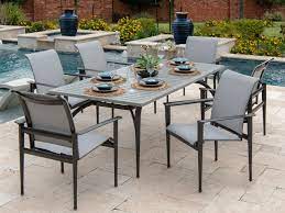 Living Room Metro Weathered Teak Cast Aluminum And Augustine Silver Sling 7 Pc Dining Set With 84 X 42 In Table 7190796 Weathered Teak Flooring Sale Aluminum Table
