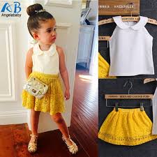 Click To Buy 2016 Girls Sets Kid Baby Sleeveless Round Collar Top Yellow Lace Skirts 2pcs Suit Girls Outfits Girl Outfits Kids Outfits Baby Girl Dresses