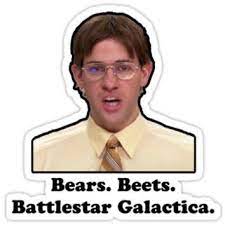 What are the themes of each of the three rooms at schrute farm, also known as 'the beets motel' beets, bears, and the schrute family. Bears Beets Battlestar Galactica Dundermifflin