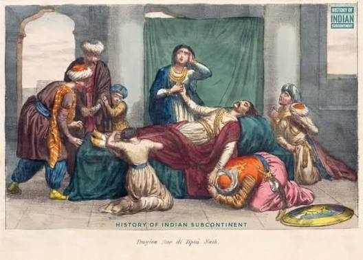 And the legend died....a French engraving of the body of Tipu Sultan surrounded by family members. The British broke through the city walls, French Military advisers advised Tipu Sultan to escape from
