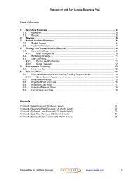 Business plan table of contents are began with the goal of giving them to bigger players in the business. Restaurant And Bar Business Plan Table Of Contents Sample Plan Llc