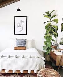 Modern Boho Bedroom With Pom Blanket And Indoor Plants Woodbeams Bedroomdesign Interiordesign Boho Modern Boho Bedroom Home Decor Bedroom Simple Bedroom