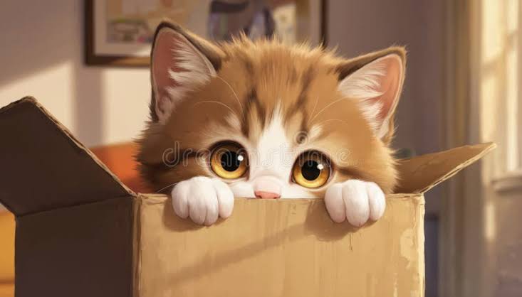 Cartoon Cat Peeks Out from Behind Brown Cardboard Box, with Curious Eyes  Focused on Viewer. Head Slightly Tilted, Body Relaxed. Stock Illustration -  Illustration of house, curiosity: 395805437