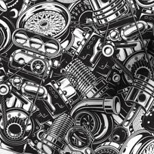 Colorful Fabrics Digitally Printed By Spoonflower Car Parts Turbo Automotive Engine Black And White Cool Car Drawings Car Parts Car Part Art