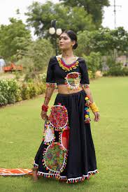 Black Cotton Patch Chaniya With Black Cotton Blouse Navratri Dress Garba Dress