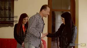 Young girls in leather jackets give an older man a double BJ before fucking  - Pichunter