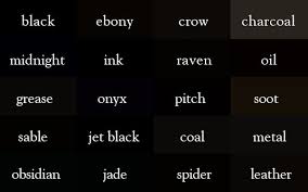 Black Ebony Crow Charcoal Midnight Ink Raven Oil Grease Onyx Pitch Soot Sable Jet Black Coal Metal Obsidian Shades Of Black Color Names Color