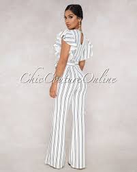 Black And White Striped Jumpsuit With Sleeves Chic Couture Online Morales White Http Www Chiccoutureonline Com Morales White Black Striped Ruffle Sl Jumpsuit With Sleeves Chic Couture Online Jumpsuit